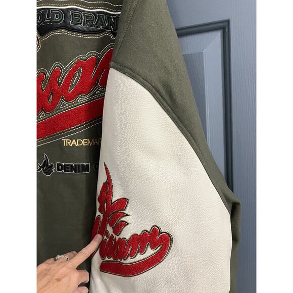 Al Wissam Men's Cream/Green Wool Leather Logo Bomber Jacket Size 6XL - Picture 9 of 13